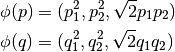 \phi (p) &= (p_{1}^2,p_{2}^2,\sqrt{2} p_1 p_2) \\
\phi (q) &= (q_{1}^2,q_{2}^2,\sqrt{2} q_1 q_2)