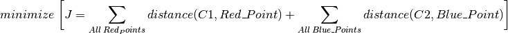 minimize \;\bigg[J = \sum_{All\: Red_Points}distance(C1,Red\_Point) + \sum_{All\: Blue\_Points}distance(C2,Blue\_Point)\bigg]